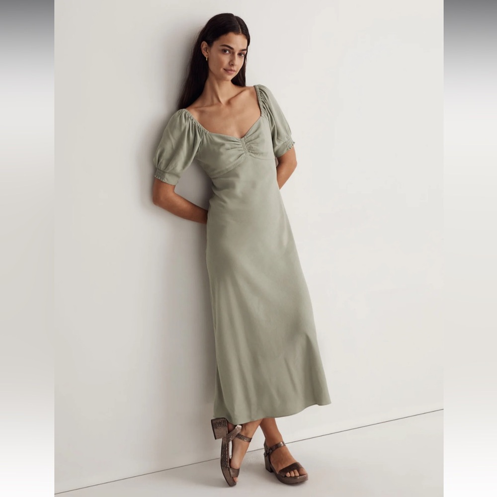 Madewell Sweetheart Puff-Sleeve Midi Dress frosted sage size 0 EUC